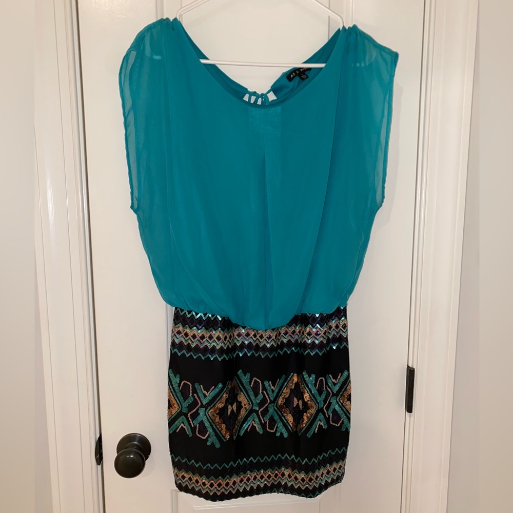 As U Wish Teal and Black Mini Dress